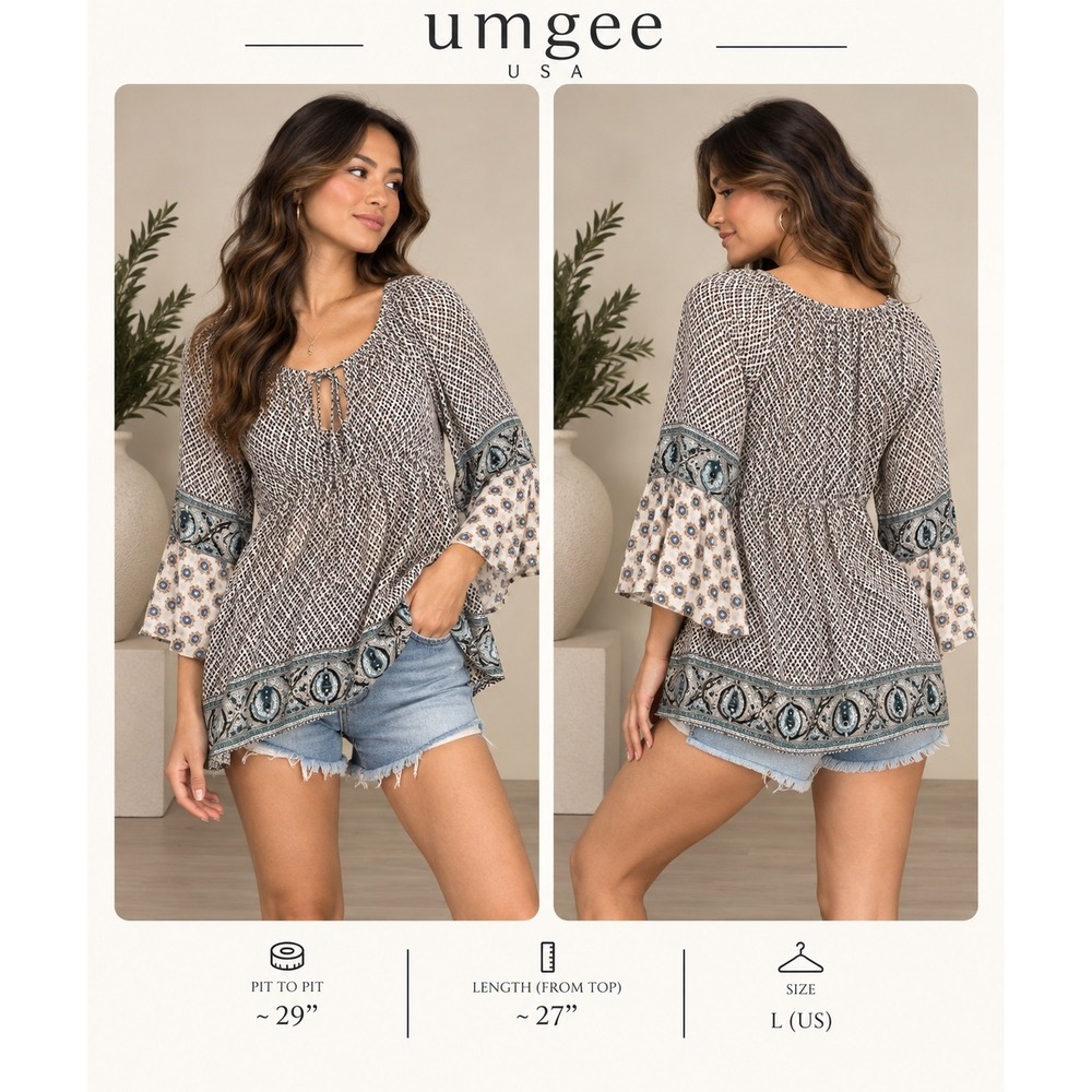 Umgee USA Boho Bell Sleeve Babydoll Blouse Mixed Print Top A1415 Large